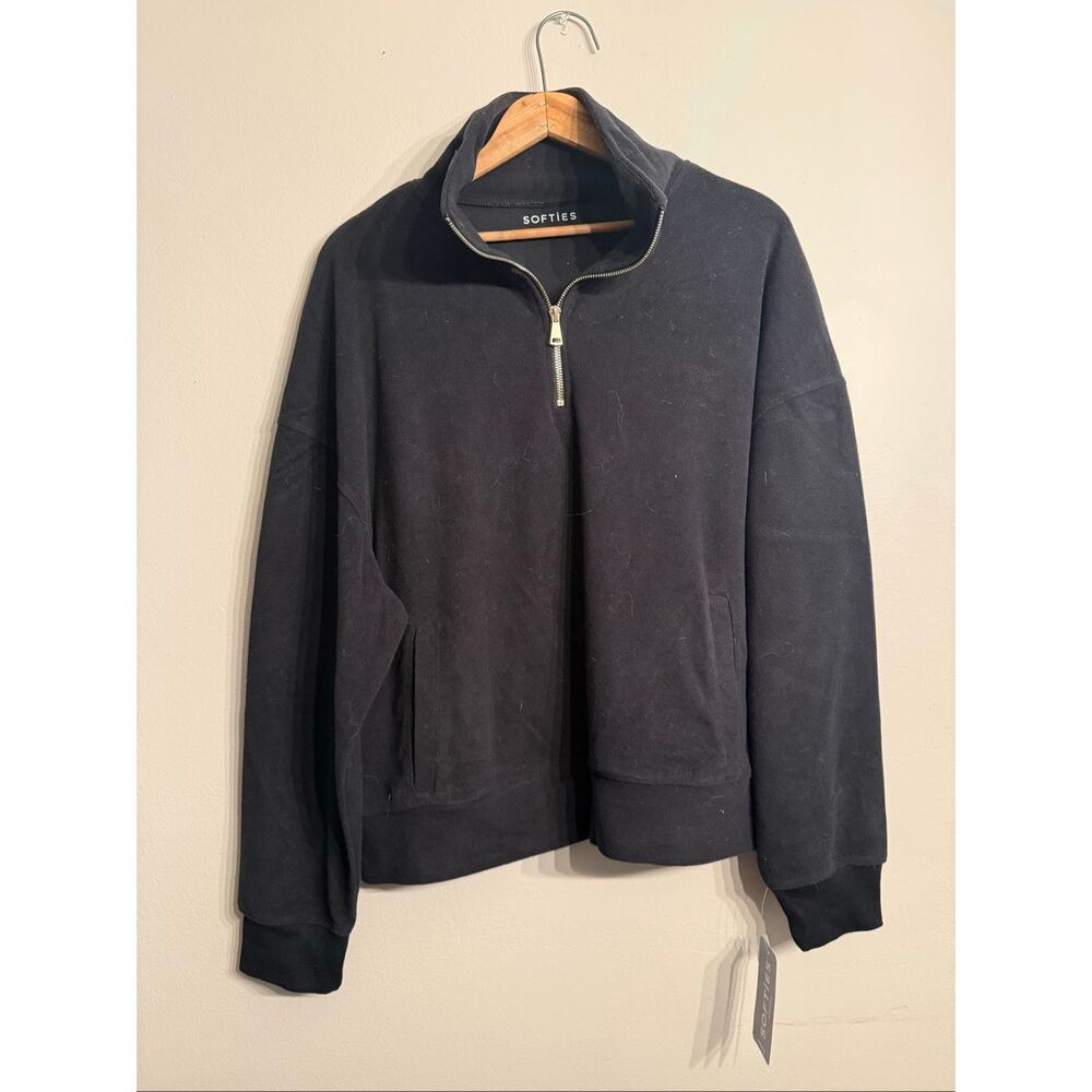 Softies Black Oversized Fit Velvet‎ Half Zip Pullover Sweatshirt Size Large NWT